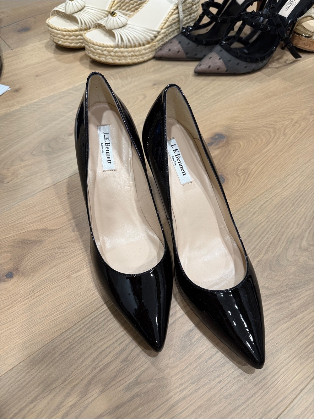 LK Bennett Black Patent Pointed Pumps with Low V-Cut